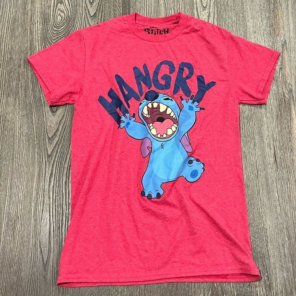Disney Stitch Hangry Graphic Print T-Shirt Short Sleeve Crew Neck Red Small